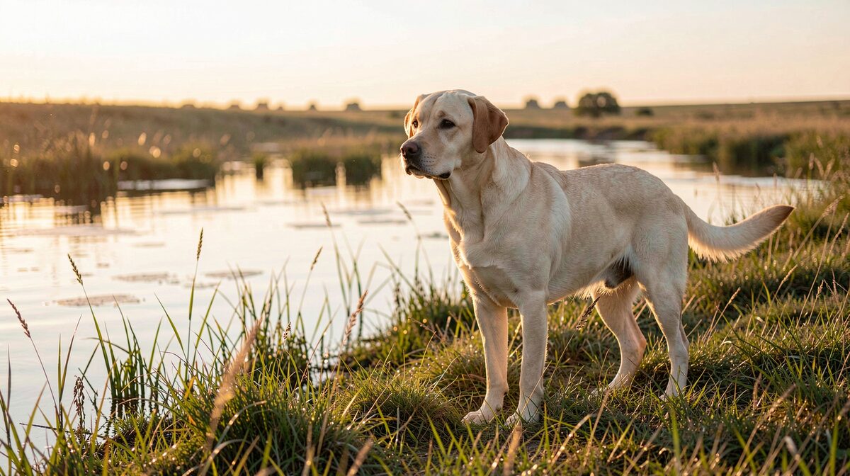 A yellow Labrador retriever at the edge of a prairie slough at dawn, low golden light on the water and the reeds